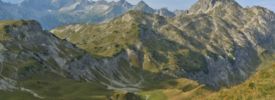 Die Grasberge im Vordergrund und der Hochvogel in der Ferne